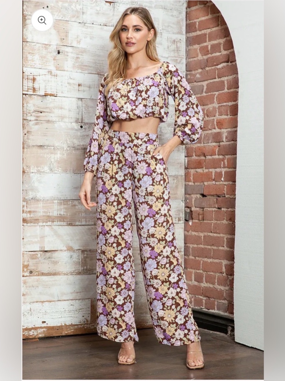 Le Lis Retro Floral Off-Shoulder Crop Top & Wide Leg Pants Two-Piece Set